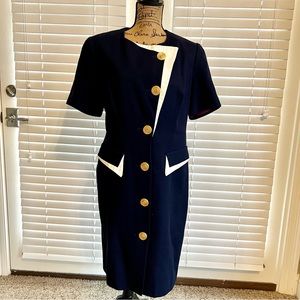 Vintage 70s 80s Junniette Sz 10 Navy Blue Button Down Sheath Sailor Pinup Dress